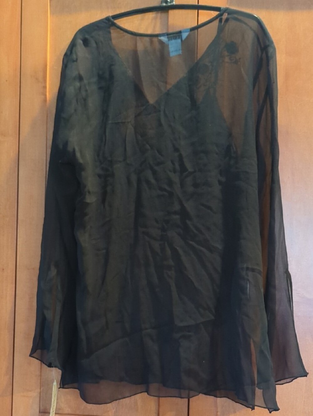 New Allison Taylor Black Sheer Silk Long-Sleeve Embroidered Blouse Large - Picture 3 of 6
